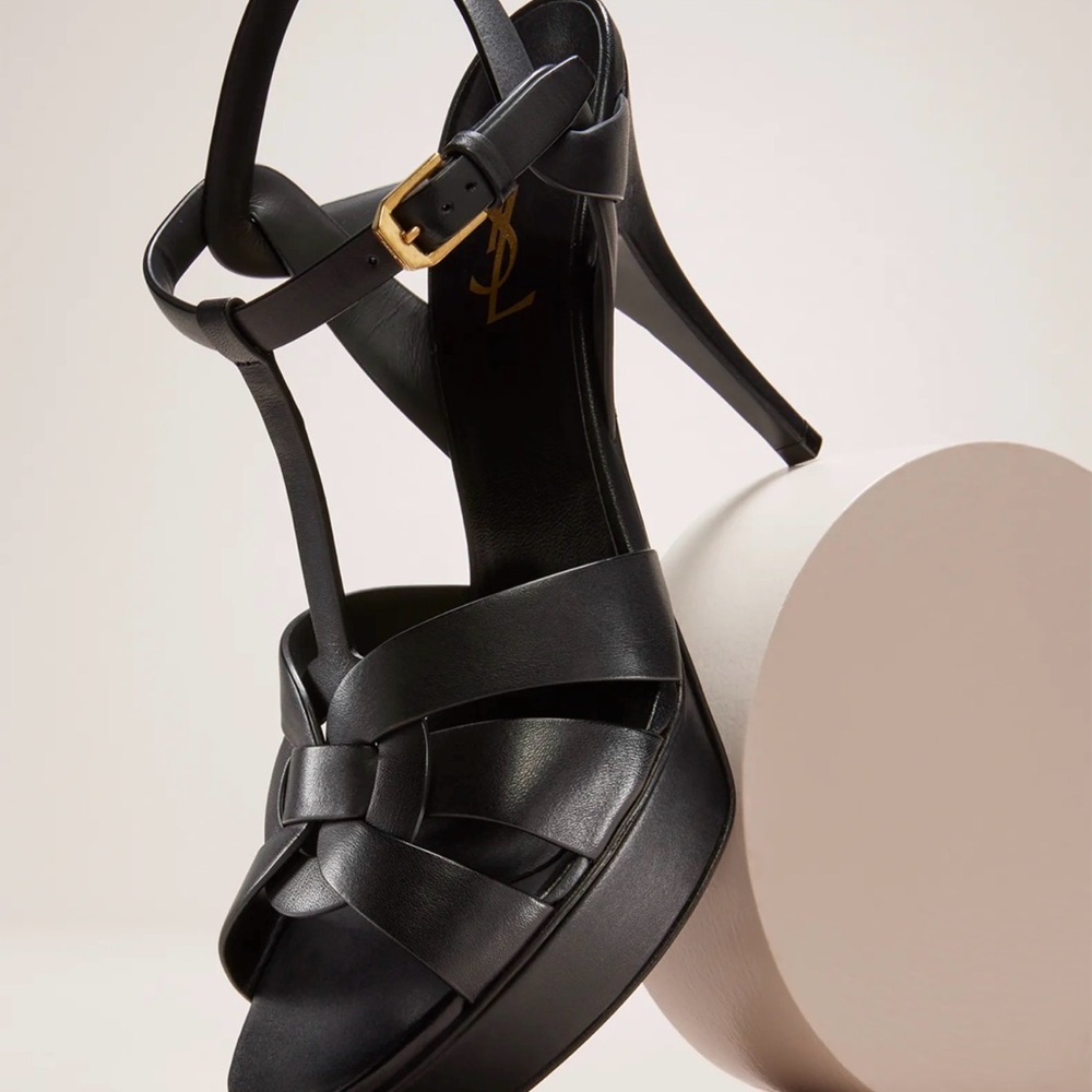 Saint Laurent Black Leather Knot T-Strap Heels - Picture 2 of 9